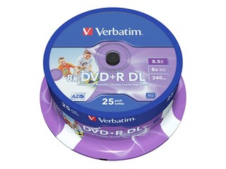 DVD+R DL Verbatim 8.5GB Double Layer 8x AZO, Wide Print. non ID, 25 Pack Spindle