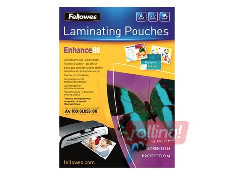 Laminēšanas plēves Fellowes A4 80mic 100gab/iepak, ar lipīgu aizmuguri