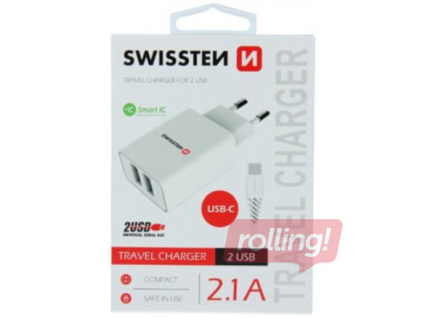Swissten Smart IC Tīkla Lādētājs 2x USB 2.1A ar USB-C vadu 1.2 m