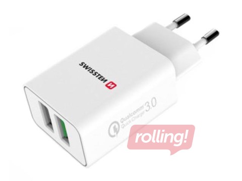 Lādētājs Swissten Premium USB + USB, QC3.0, 23W, balts