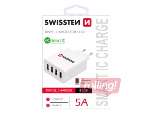 Swissten Smart IC Premium Tīkla Lādētājs USB 4x 2.1A / 20W / 4A Ar Automātisku Strāvas Stipruma Identifikāciju, Balts