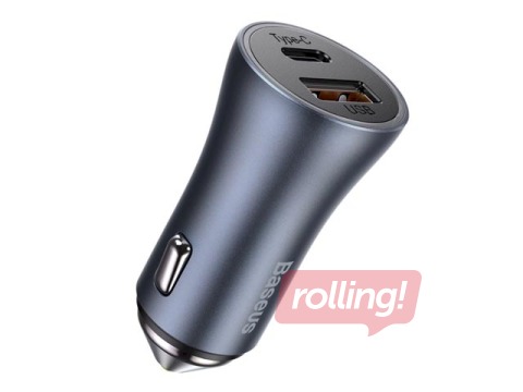 Auto lādētājs Baseus Golden Contactor Pro USB + Type C, vads komplektā, QC4.0, PD, SCP, 40W, pelēks